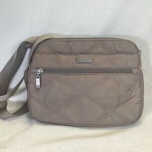 Baggallini Quilted Crossbody Bag Taupe Brown Nylon Travel Organizer Purse RFID